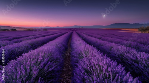 A Lavender Field at Twilight with a Clear Sky and a Full Moon Rising