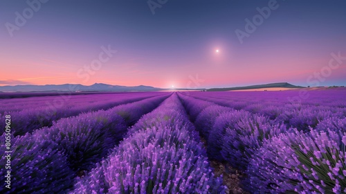 A Lavender Field at Twilight with a Clear Sky and a Full Moon Rising