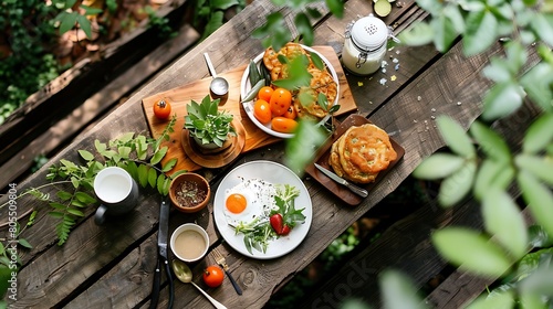 "Rustic Wooden Table with breakfast on the top Natural Elegance and Simplicity in a Delightful Setting"