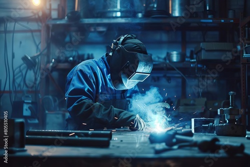 industrial welding warrior skilled tradesman in protective gear performing metalwork hightech workshop setting photo