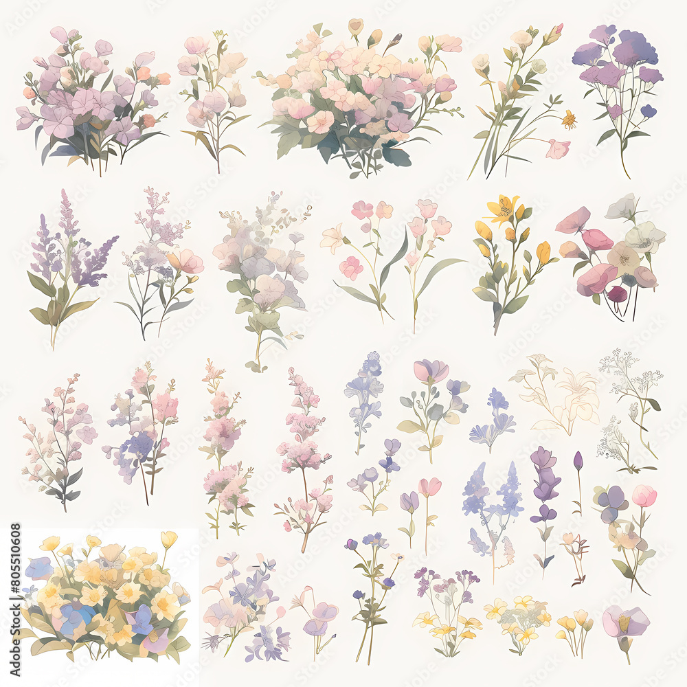 A meticulously hand-drawn floral collection in transparent PNG format, ideal for artistic projects and designs. Each image showcases a variety of flowers with intricate details and captivating colors.