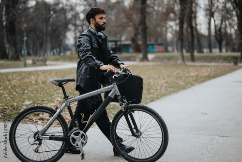 Handsome businessman outdoors with bike, attending to work tasks in a serene city park environment.