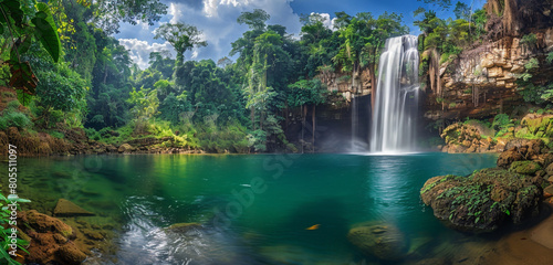 A breathtaking panorama of a secluded waterfall oasis  surrounded by the untouched beauty of Saraburi s rainforest.