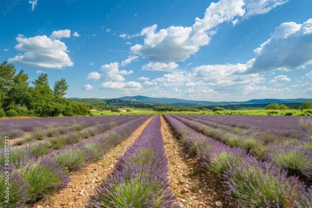 lavender fields of provence stretching to the horizon under sunny blue skies landscape photography