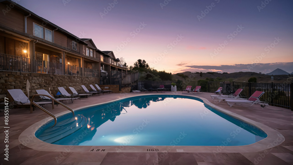 Luxurious pool area during the golden hour, exotic plants surround, summer travel destination