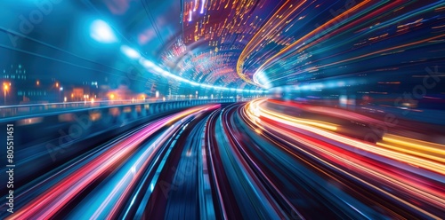 Blurred light trails on a high speed train moving fast. Generate AI image © Ashalina