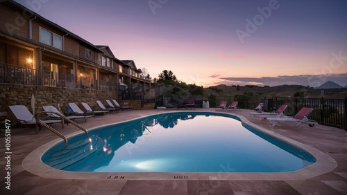 Luxurious pool area during the golden hour, exotic plants surround, summer travel destination © thomas.png