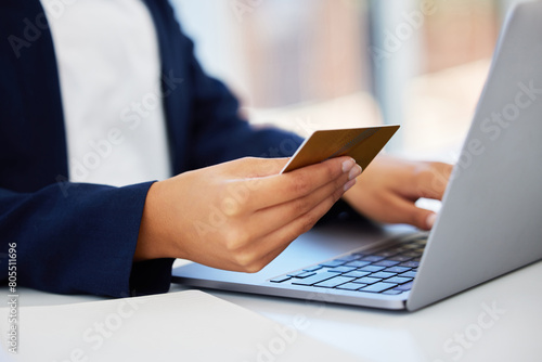 Hands, laptop and credit card for ecommerce, online payment and shopping for loan or taxes at home. Person, fintech and technology for virtual wallet, electronic funds and financial banking or budget