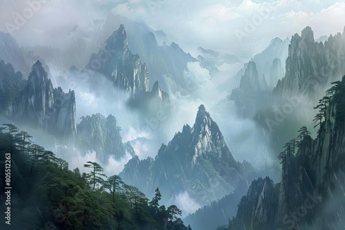 majestic chinesestyle fantasy landscape with towering mountains and misty valleys digital painting