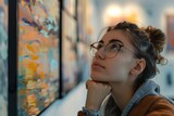 thoughtful young woman with glasses appreciating art at gallery exhibition digital painting