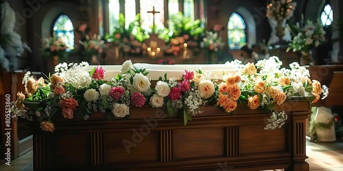 Funeral service held in church  coffin adorned with floral arrangement  mourners gather in sadness