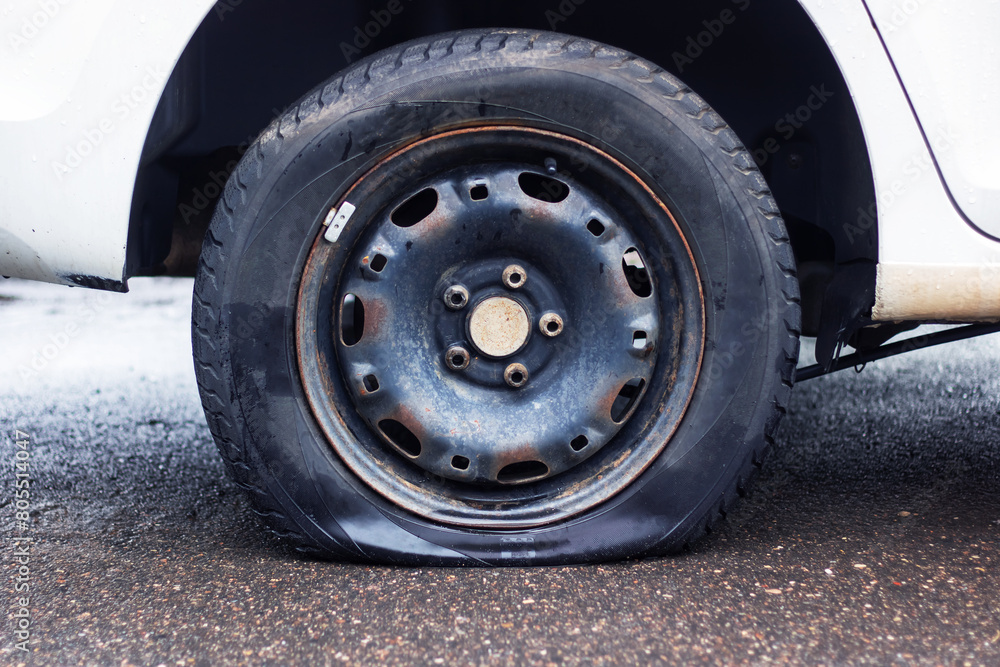 A flat tire on road side, car wheel stuck, needs repair