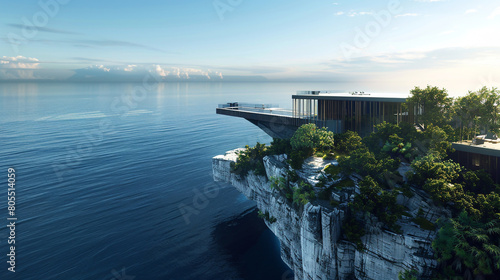 A bird's eye view of a luxury house located on a cliff overlooking the sea, with a dramatic, cantilevered design that offers unobstructed views of the horizon.  photo