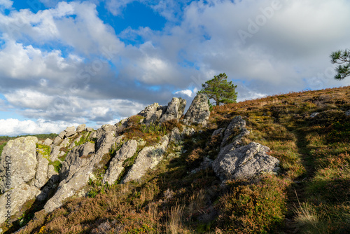 Au sommet des falaises, un parterre de rochers émerge de la végétation de la lande bretonne, offrant une vue panoramique saisissante sur la presqu'île de Crozon, un mélange de robustesse minérale et d © Laurent