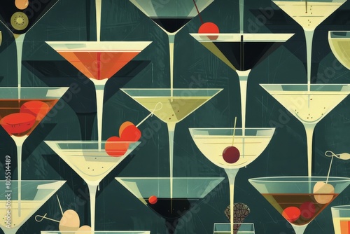 Retro Cocktail Art with Diverse Martinis