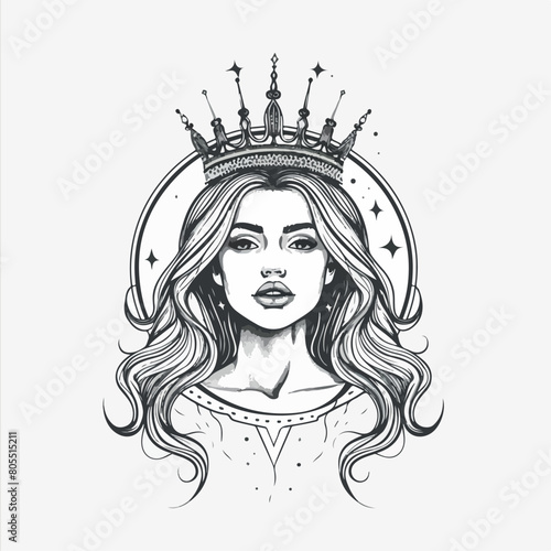 Woman with crown in cartoon  doodle style. Image for t-shirt  web  mobile apps and ui. Isolated 2d vector illustration in logo  icon  sketch style  Eps 10. AI Generative