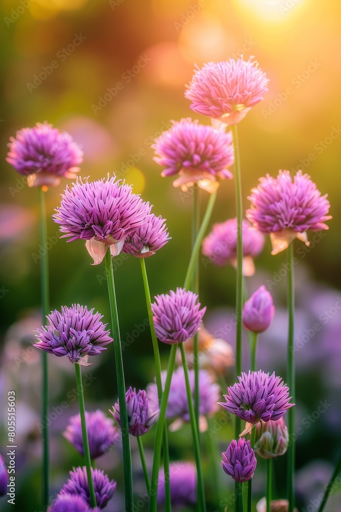 Beautiful purple chives flowers blossoming in a garden. Beautiful purple chives flowers blossoming in a garden.