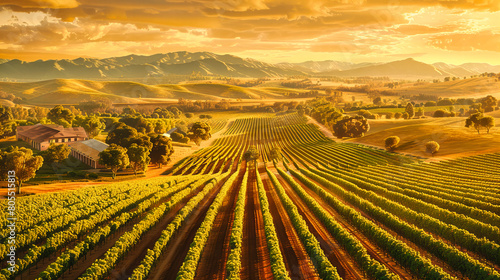 Vineyard at Sunset, Rows of Grapevines Stretching Across Hillside, Scenic Wine Country Landscape photo