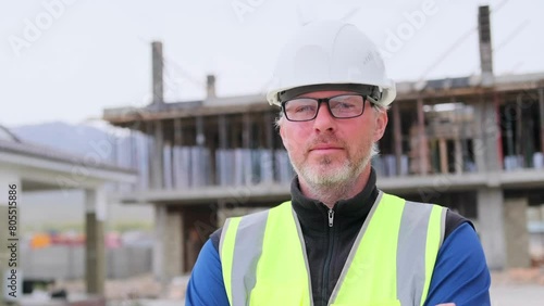 Portrait of civil engineer professional looking at camera, in construction helmet standing at building site outdoors, copyspace, close up.