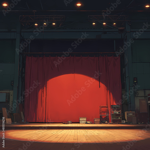 As the curtains await their opening, the stage is set for a captivating performance. This image captures the anticipation and excitement before the show begins on an empty stage bathed in dramatic photo