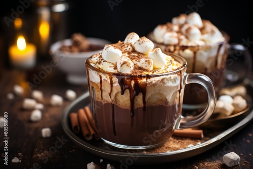 Cozy comfort in a mug - steaming hot chocolate topped with fluffy whipped cream and marshmallows.