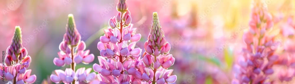 Obraz premium Beautiful pink lupins blossoming on flower bed on summer day. 