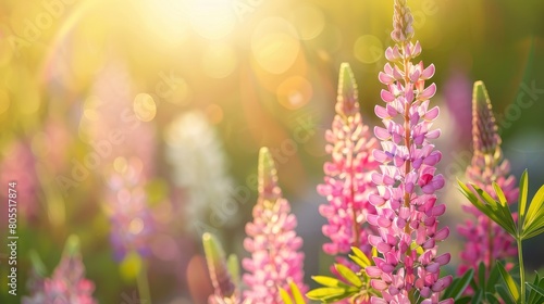 Beautiful pink lupins blossoming on flower bed on summer day.  © Media Srock