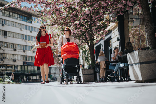 Professionally dressed businesswomen stroll with a red baby stroller among blooming trees in an urban environment.