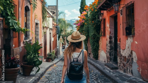 Back view of unrecognizable female tourist strolling on narrow street between aged houses during trip in san miguel de allende