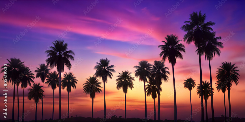 Obraz premium Silhouetted palm trees against a vibrant sunset, casting a tranquil scene of natural beauty.