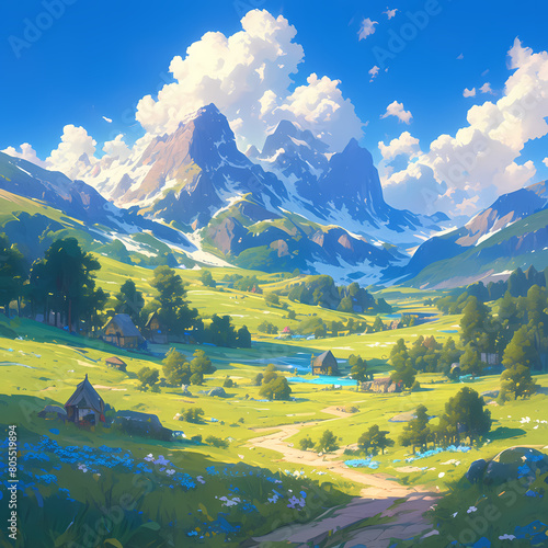 Lush Meadows and Quaint Cottages in the Heart of a Majestic Alpine Valley photo