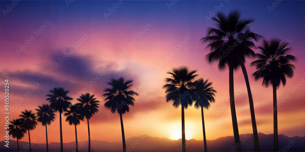 Naklejka premium Silhouetted palm trees against a vibrant sunset, casting a tranquil scene of natural beauty.