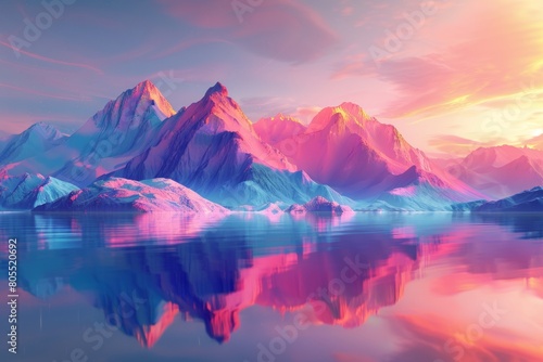 sunrise over the mountains, 3d illustration, fairytale concept in pastel colors