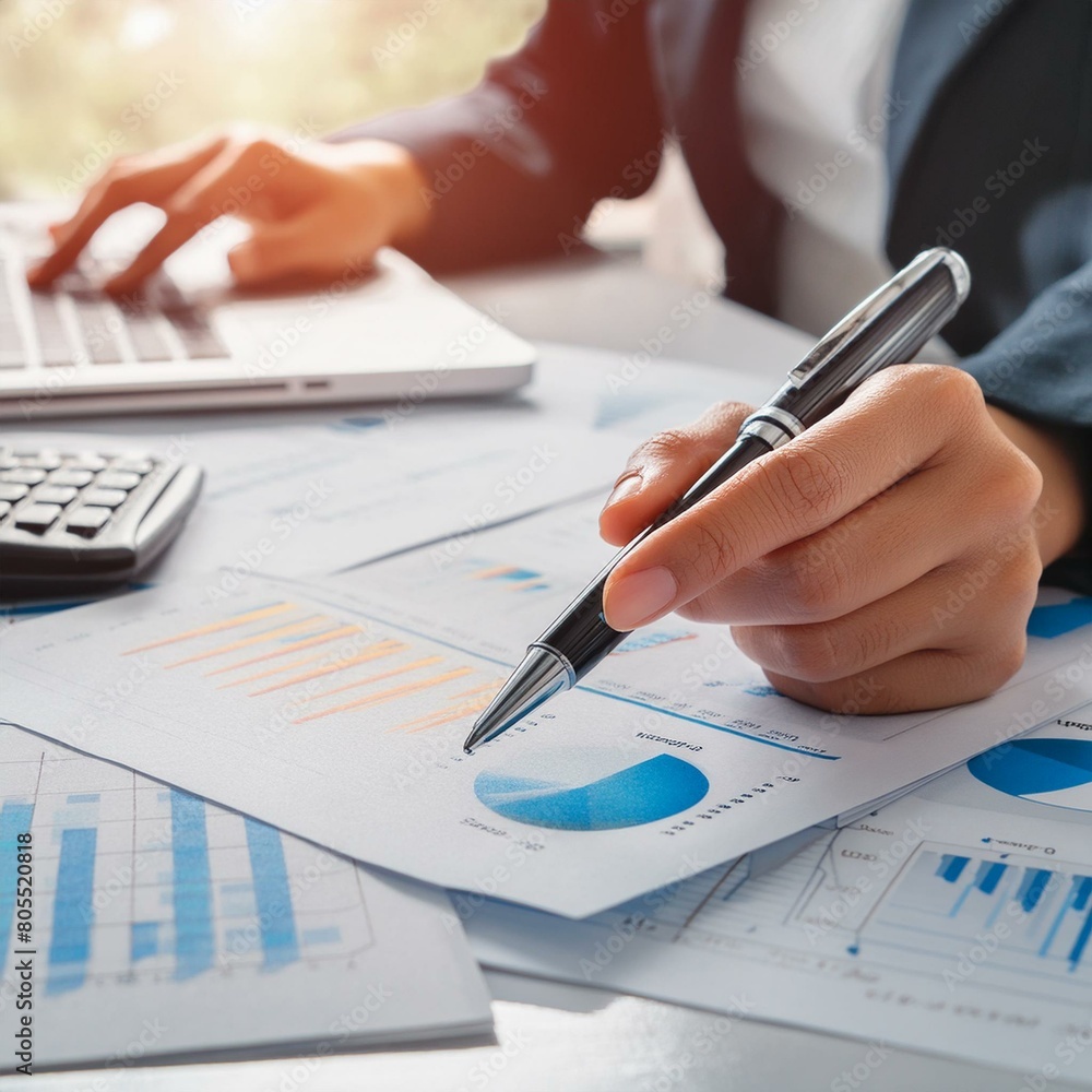 Fototapeta premium Professional Analysing Graphs and Charts - Financial Accountant studying Numbers - Business Audit - Finance Managers making up Balance - Analyst working at a Desk - Data Strategy - Stockbroker