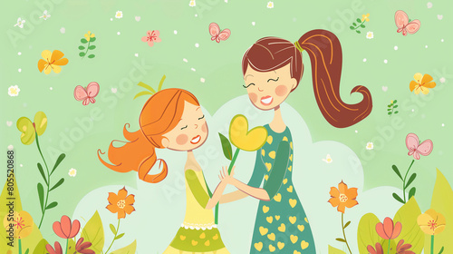 daughter giving yellow flower to mother vector drawing Mother's Day