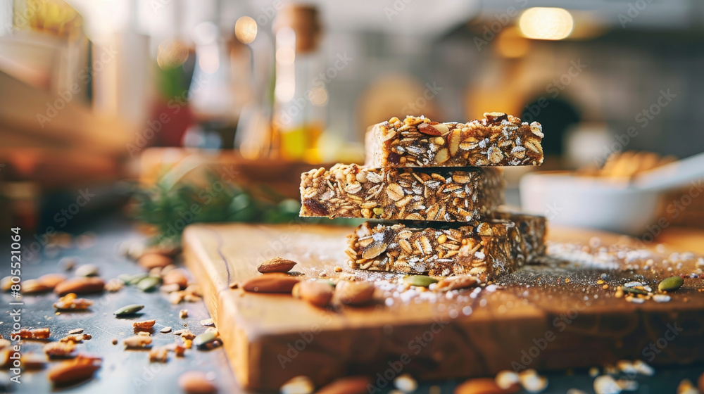 Homemade granola bars with seeds and nuts, kitchen counter scene, preparation for healthy lifestyle