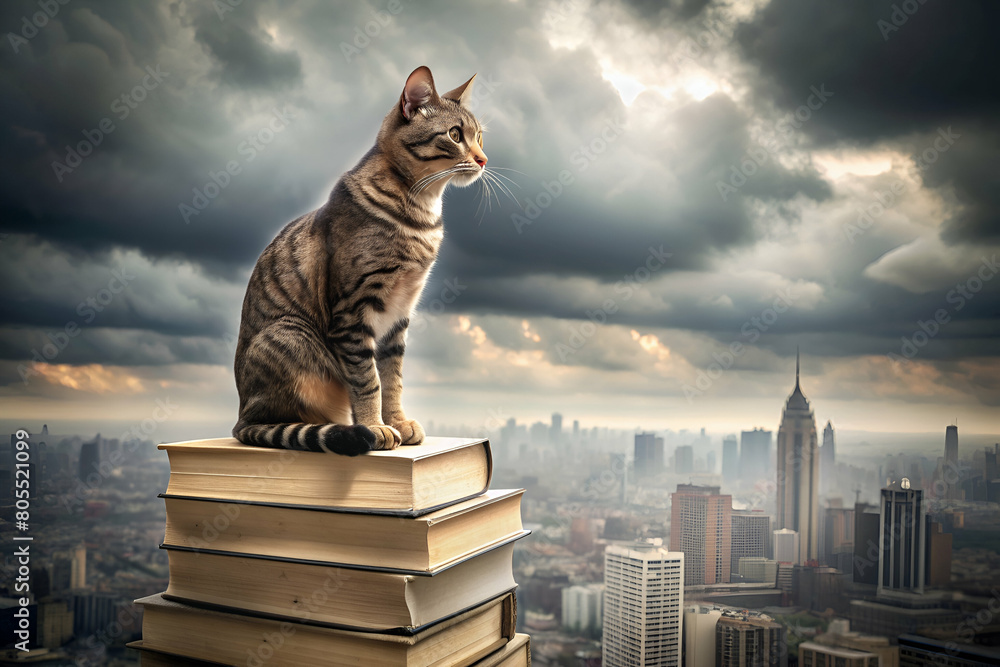 Obraz premium Cat on Stack of Business Books