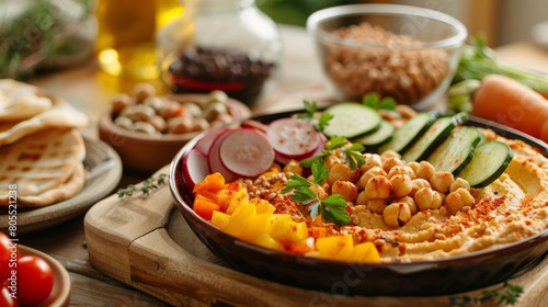 Mediterranean diet. hummus platter with veggies and whole grain pita  balanced meal inspiration