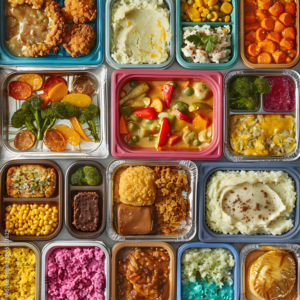 Nostalgic Array of Colorful Trays Filled with Classic TV Dinners Ready for the Oven