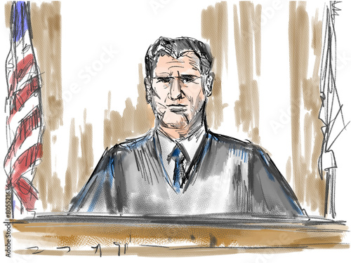 Pastel pencil pen and ink sketch illustration of a courtroom trial setting with an American judge sitting on bench viewed from front on a court case drama in judiciary court of law and justice.
