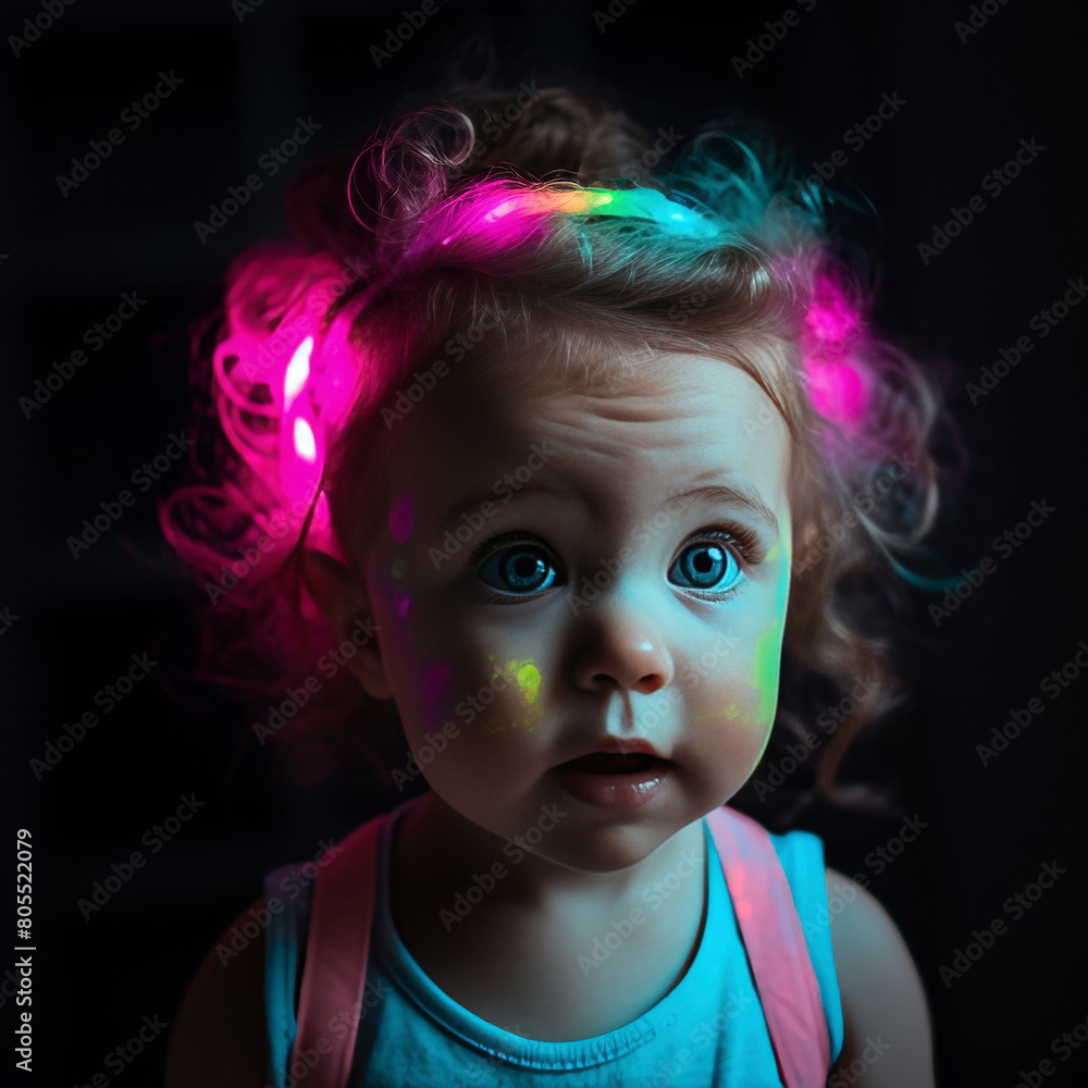 Dutch toddler with beach waves hair and surprised expression, wearing headband and neon makeup Dutch toddler with beach waves hair and surprised expression, wearing headband and neon makeup