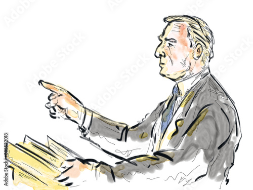 Pastel pencil pen and ink sketch illustration of a courtroom trial setting lawyer of defendant, plaintiff, addressing jury in closing argument in court case in judiciary court of law and justice.