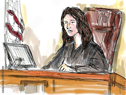 Pastel pencil pen and ink sketch illustration of a courtroom trial setting showing a white American female Judge on bench in court case drama in judiciary court of law and justice viewed from front.