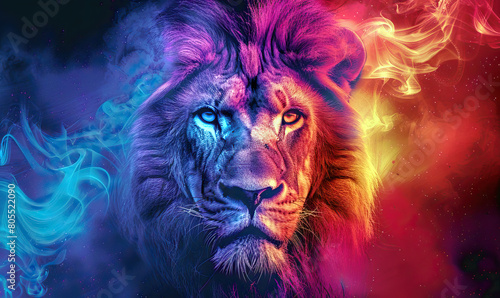 A colorful depiction of a lion s face amidst swirling neon smoke. Generate Ai