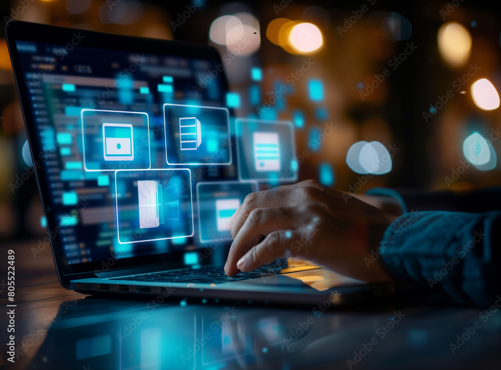 A digital background with business and technology elements, such as data visualizations or graphs. In the foreground is an office worker typing on his laptop computer holding in one hand shield icon o A digital background with business and technology elements, such as data visualizations or graphs. In the foreground is an office worker typing on his laptop computer holding in one hand shield icon o