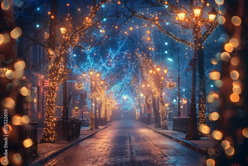 A magical scene of a city street illuminated with holiday lights and decorated trees, creating a festive atmosphere photo