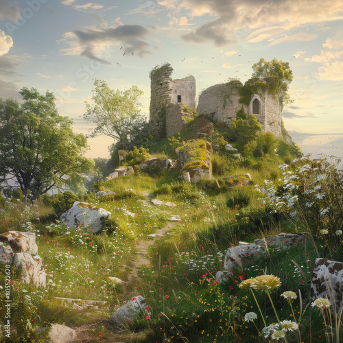 Vintage castle ruins on hilltop in eastern europe, lush greenery and wildflowers