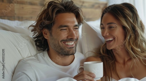 Intimate Morning Scene: Couple in bed, coffee cups, cozy and bright
