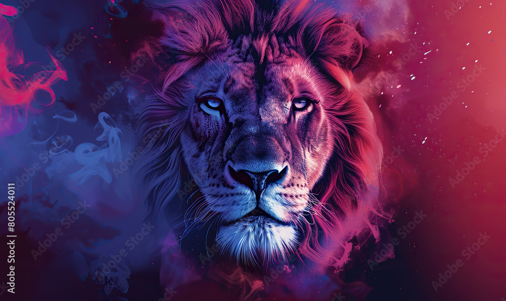 A colorful depiction of a lion's face amidst swirling neon smoke. Generate Ai
