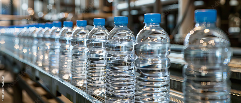 Automated machine for production clear plastic bottle with mineral water. Automated machine for production clear plastic bottle with mineral water.